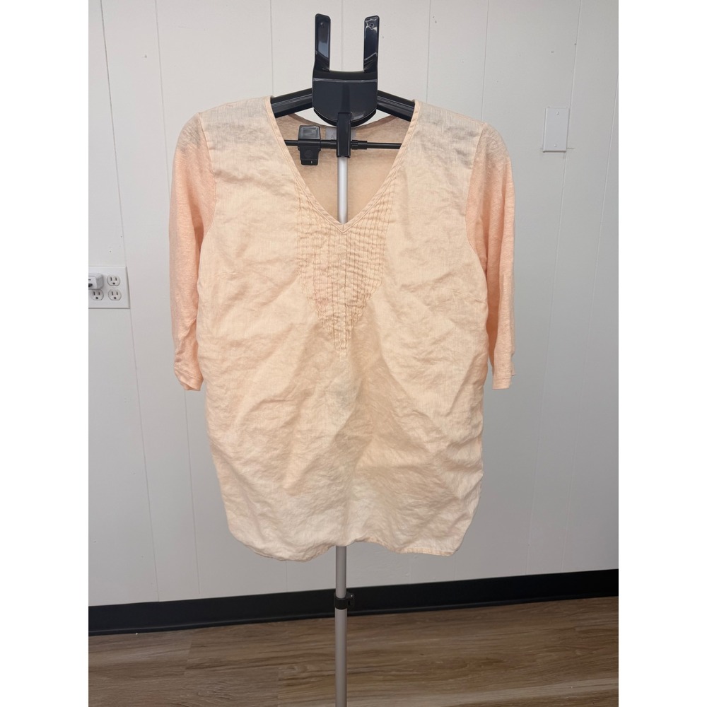 J. Jill Top Womens Medium Peach Good Love Linen V-Neck Pintuck 3/4 Sleeve
